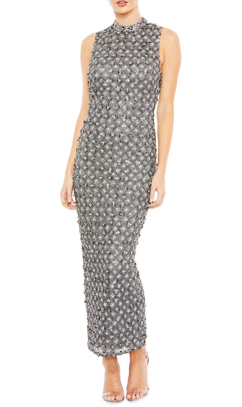 Mac Duggal 10780 Gray Evening Gown Beaded Sleeveless Formal Column Dress Size 16